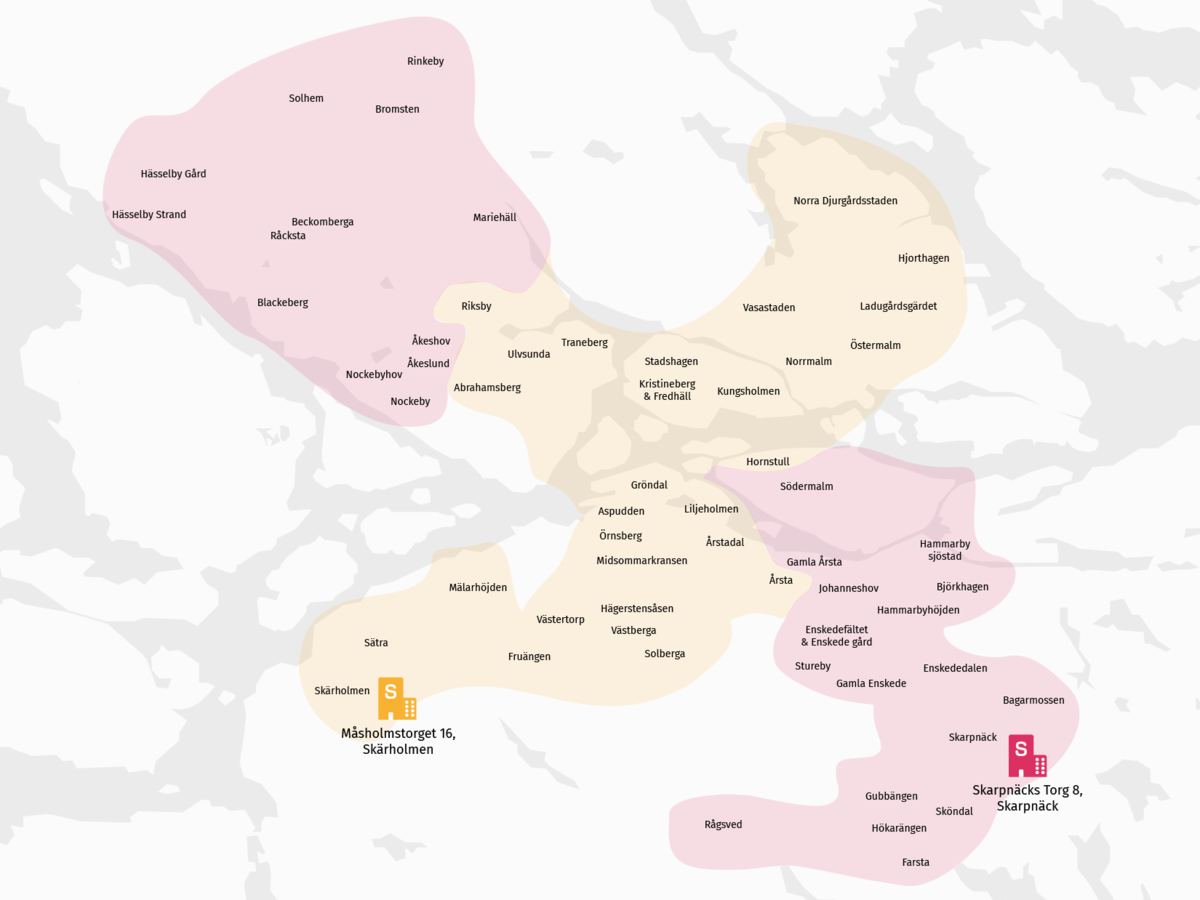 Karta över Stockholshems område och besökskontor