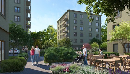Illustration av lummig innergård mellan ljusgröna flerfamiljshus