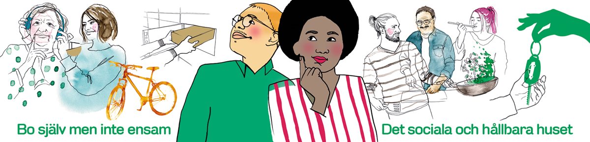 Illustration av människor och texten "Bo själv men inte ensam" samt "Det sociala och hållbara huset".