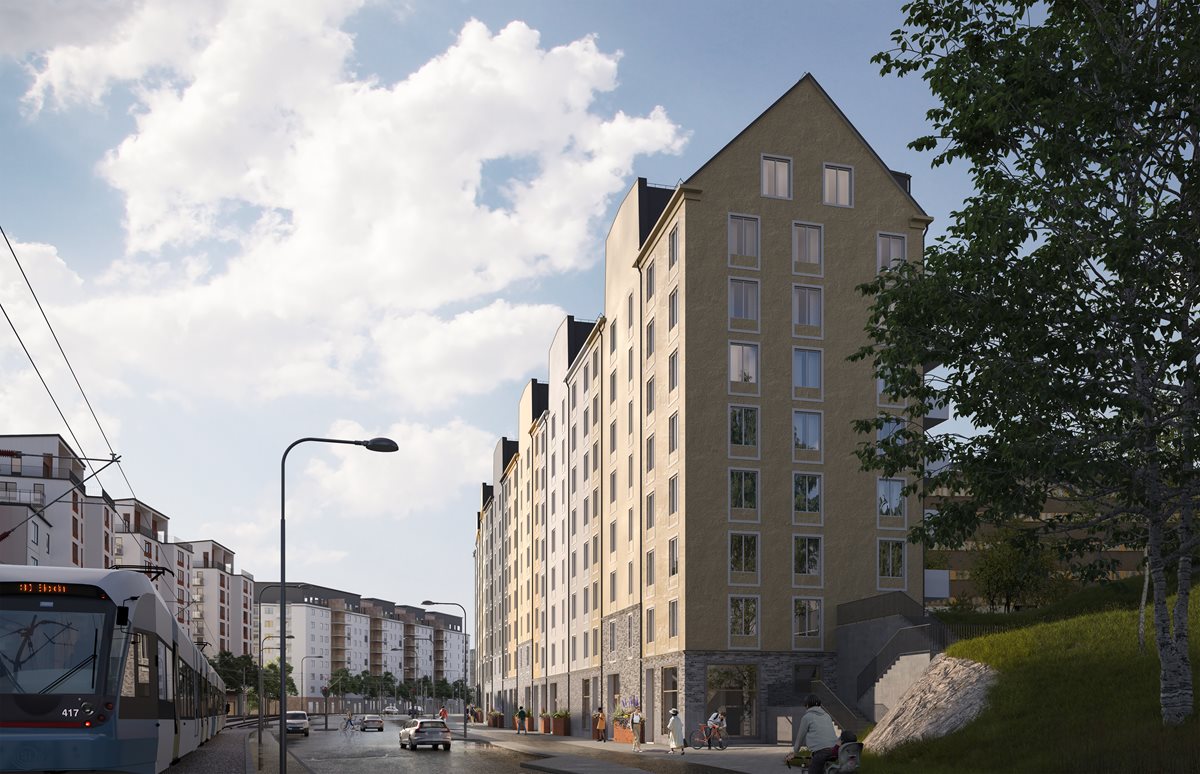 En illustration av flerfamiljshus i olika färger. Längs med huset går en trottoar som angränsar till cykelbana och väg. Intill vägen går en spårvagn.