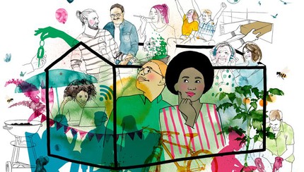Illustration med många människor som gör olika saker i ett hus
