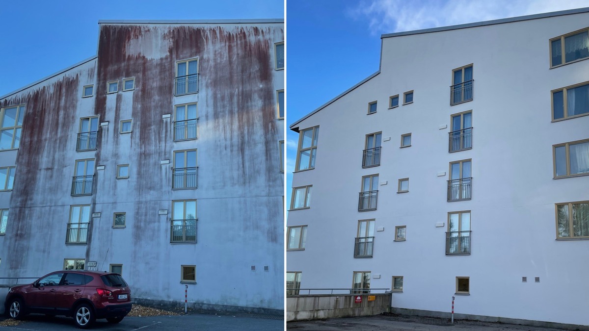 Två bilder av samma fasad, en med röda fläckar och en rengjord vit
