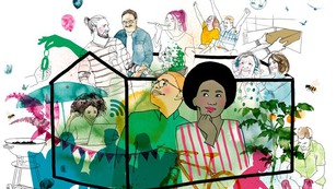 Illustration med många olika människor i ett hus