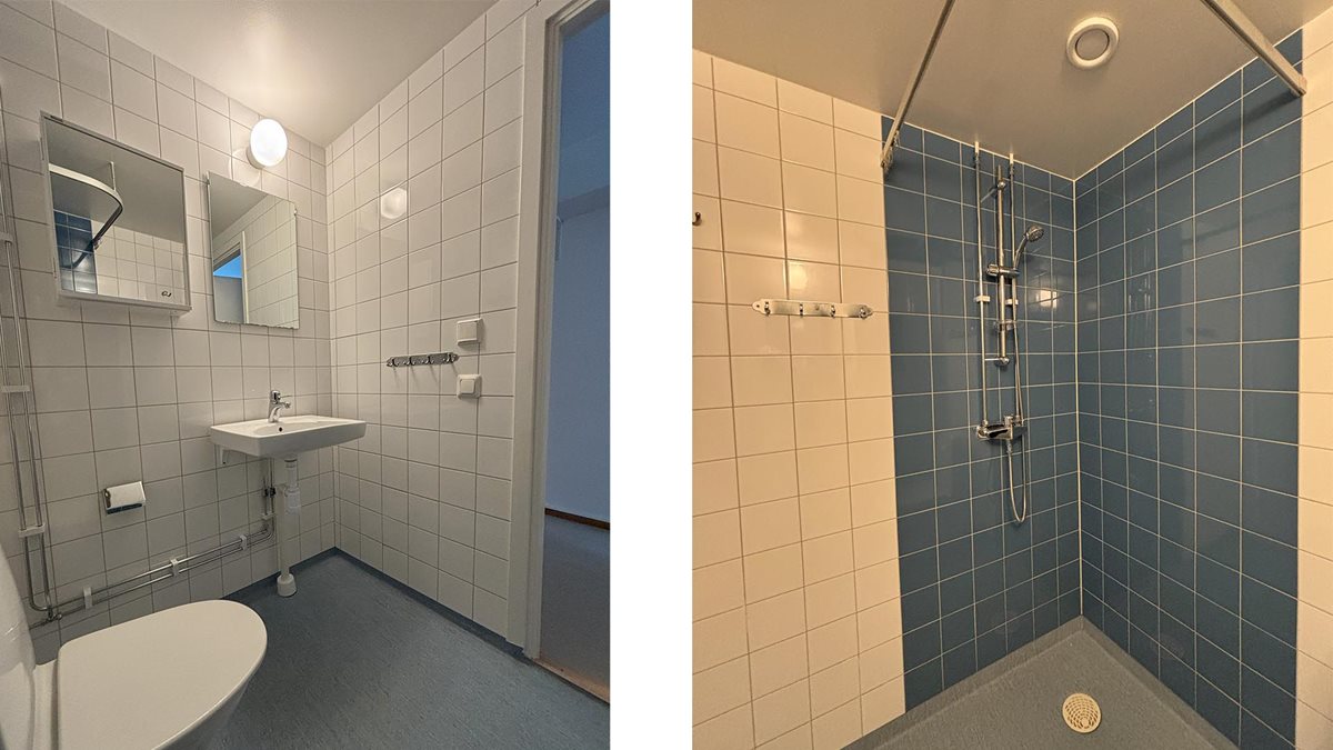 Badrum med vitt och blått kakel