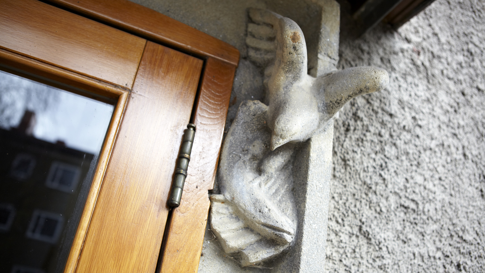 Skulptur av duva på fasad vid port