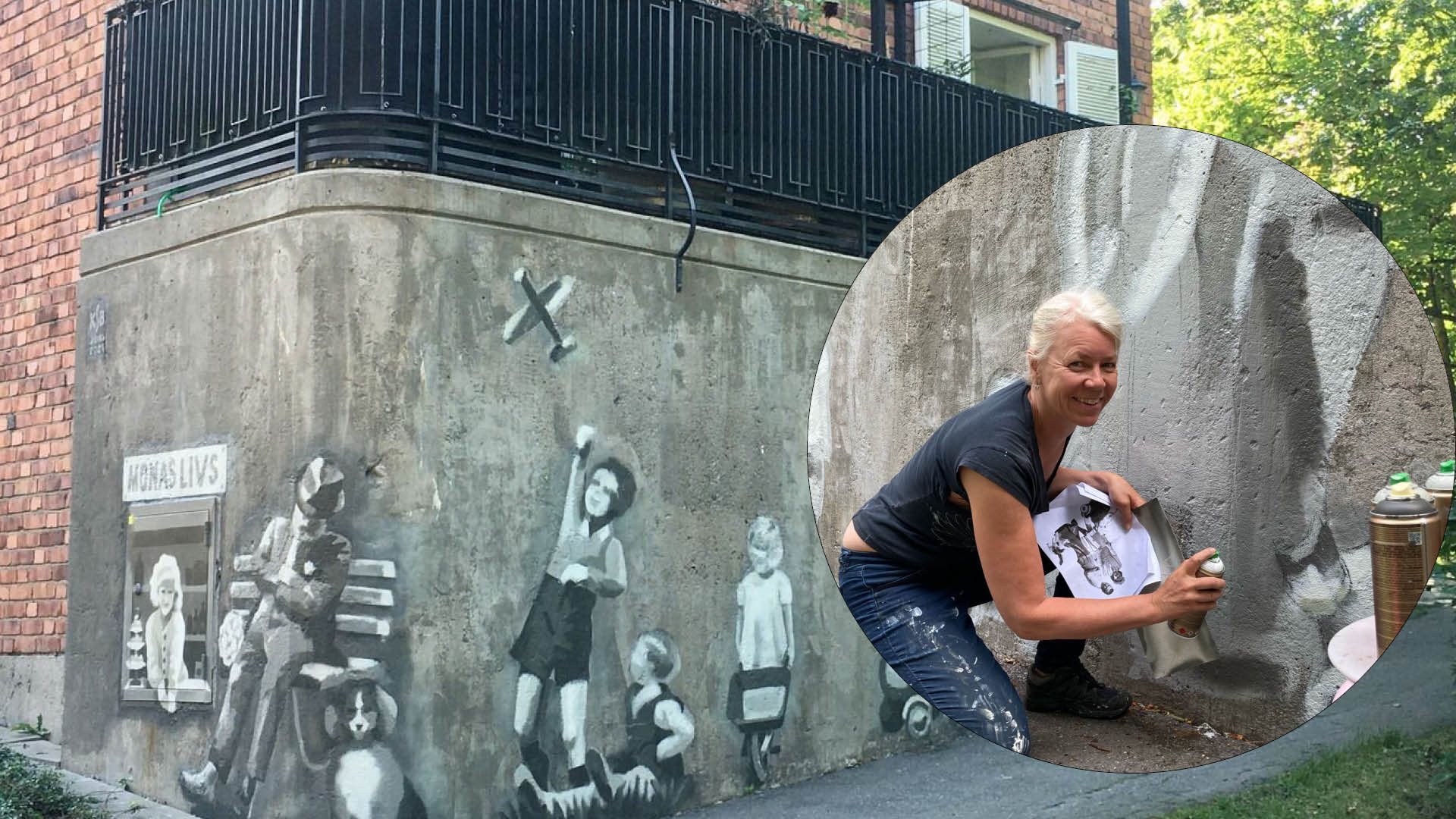 Kvinna med sprayburk gör en muralmålning
