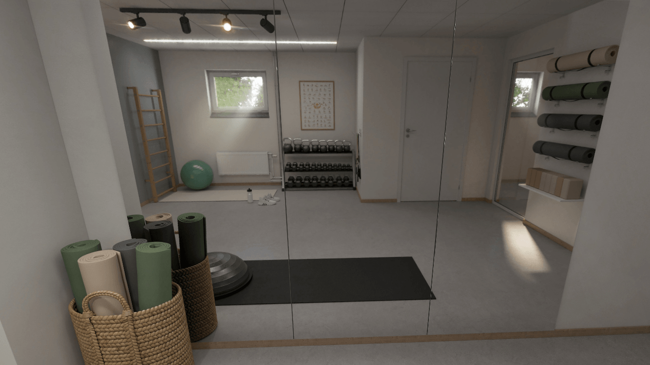 VR-genererad bild av ett litet gym med ihoprullade mattor och fria vikter