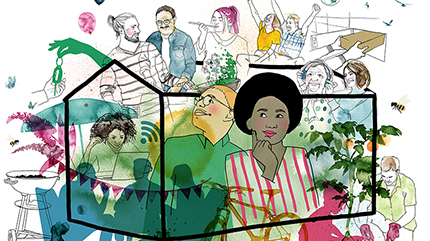 Illustration med människor i ett hus