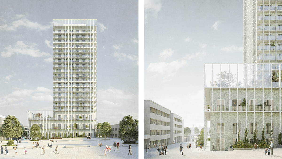 Visionsbild i två delar, ett högt fristående hus vid ett torg, samma hus inzoomat visar takterass
