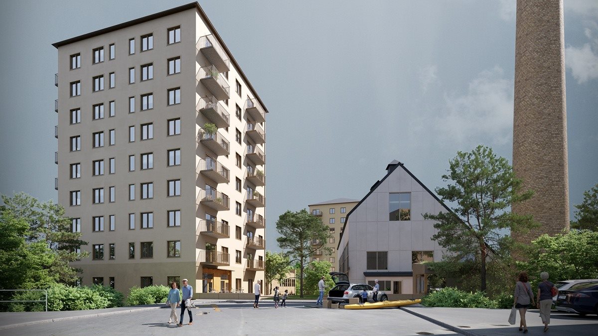 Illustration av flerfamiljshus med ljus fasad