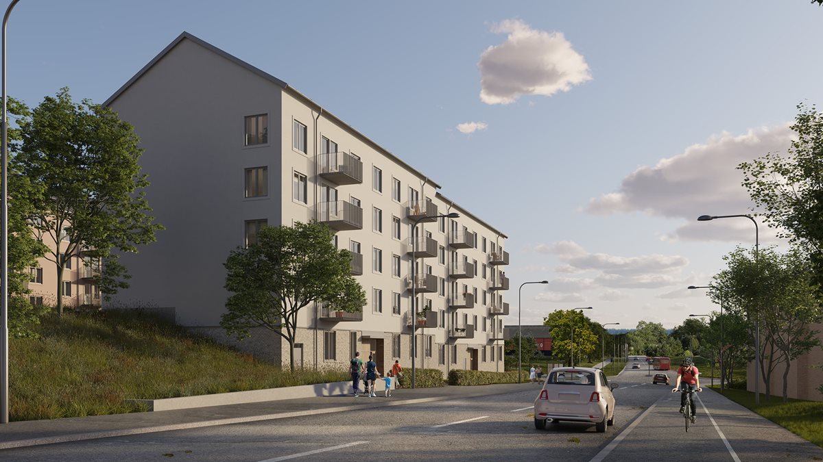 Illustration med flerfamiljshus med ljusa fasader