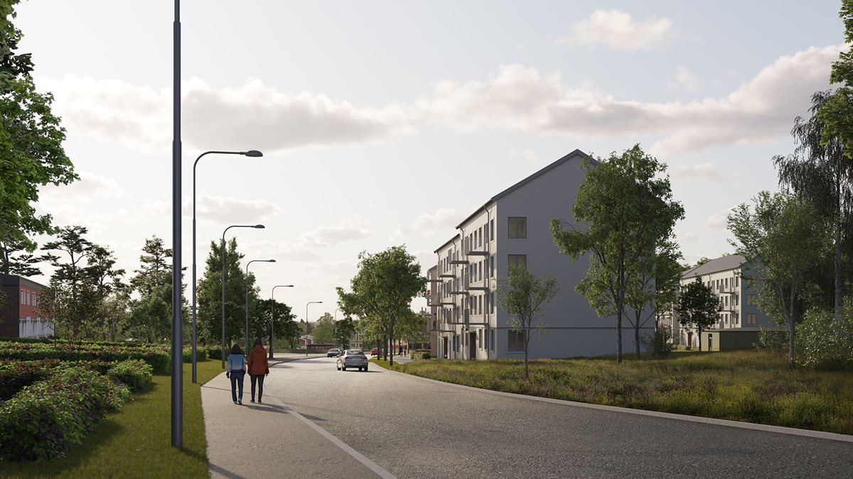 Illustration av flerfamiljshus med ljusa fasader