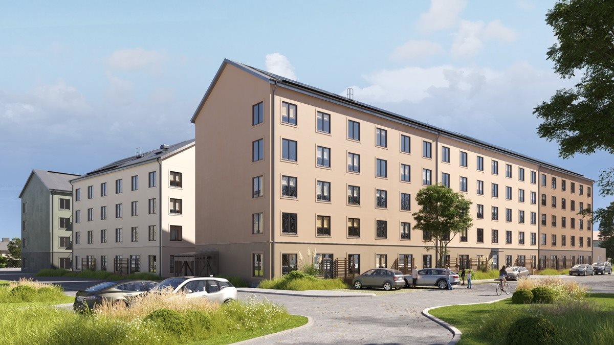 Illustration av lägenhetshus med beige fasad 